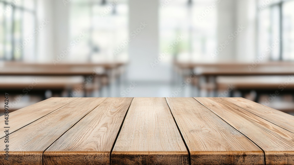 Poster empty wooden table displaying products with blurred restaurant background