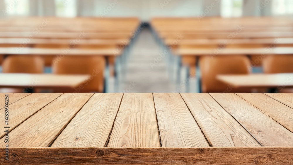 Poster Empty wooden table in blurred university classroom background