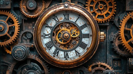 Obraz premium Intricate clock mechanism surrounded by gears