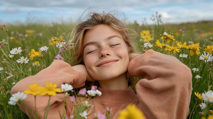 girl in a field of flowers, Generate AI.