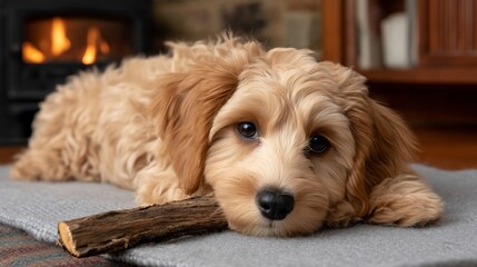 Cozy pup rests by the fire