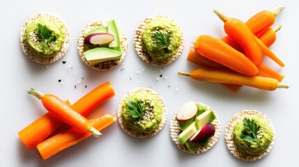 Fresh and Healthy Snacks Featuring Guacamole, Crisp Vegetables, and Rice Cakes on White Background