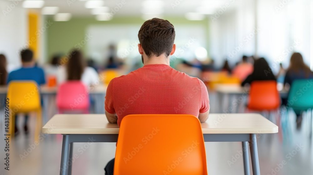 Poster Student sitting alone in a modern classroom attending a lecture