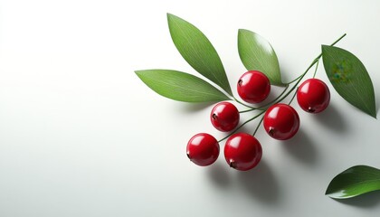 Glossy Red Berries and Green Leaves on White Background