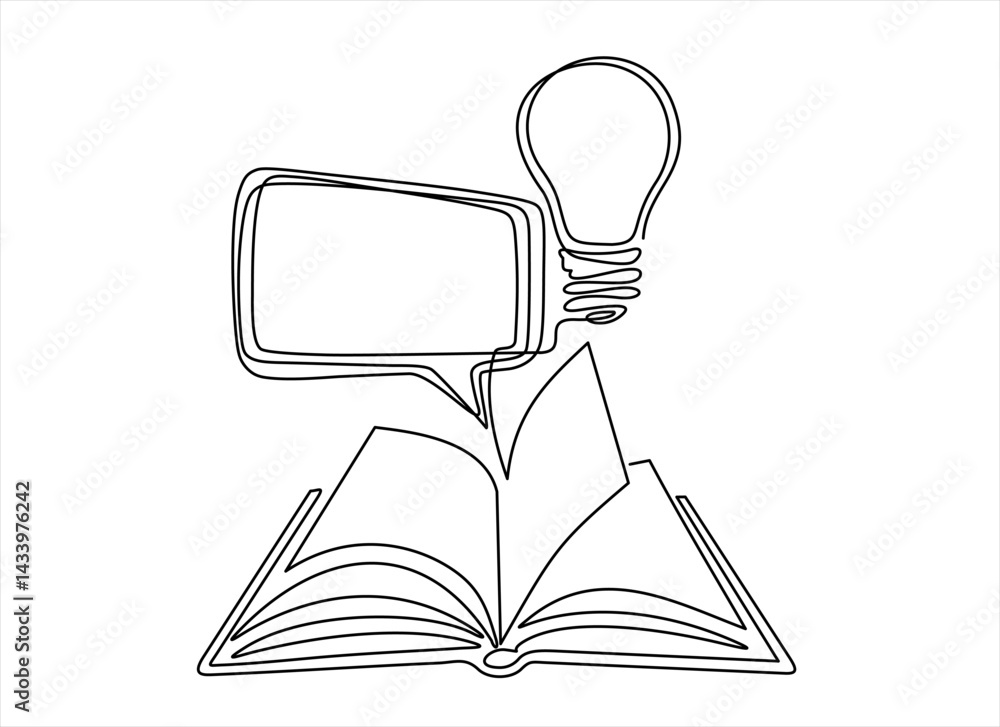 Poster continuous one line drawing of open book, light bulb and speech bubble. trendy line art vector on a 