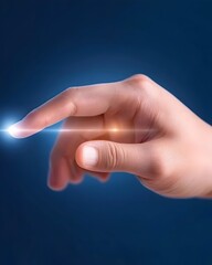 A hand reaches out, index fingertip glowing, suggesting digital interaction or futuristic technology