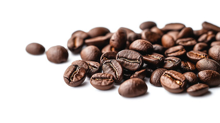 Fototapeta premium A pile of coffee beans with a white background. The beans are of different sizes and shapes. Concept of warmth and comfort, as coffee is often associated with relaxation and socializing