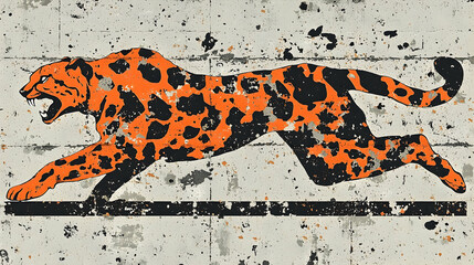 Orange and black spotted, powerful feline in motion against a textured backdrop.