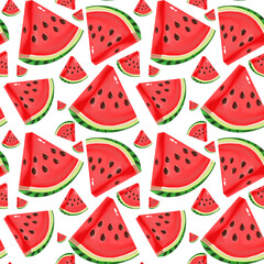 Seamless pattern with juicy watermelon slices on a white background. Bright and playful design perfect for summer, textiles, packaging, and digital projects.