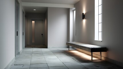 hallway space virtually staged with a minimalist bench, LED underlighting, concrete tile floor, and soft taupe walls