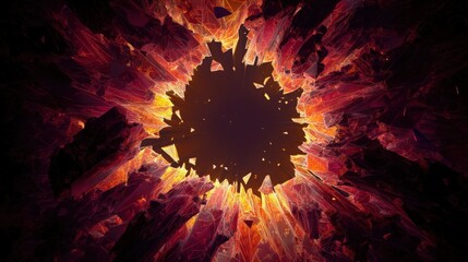 Abstract 3D shattered glass with fiery glow, destruction concept. Perfect for backgrounds, textures, and digital art.