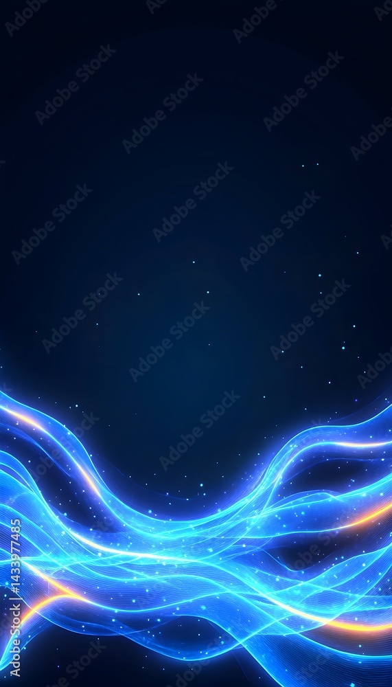Poster glowing blue and orange waves undulate on a dark background, creating an abstract, energetic, and fu