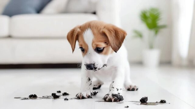 Playful puppy with muddy paws making a mess in a bright and modern living room with white furniture and green plant