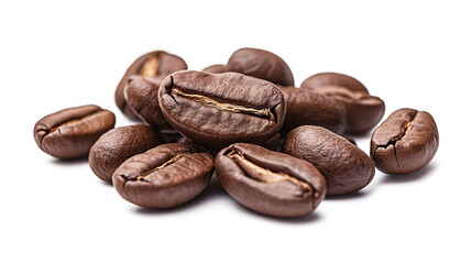 Obraz premium A pile of coffee beans with a white background. The beans are of different sizes and shapes. Concept of warmth and comfort, as coffee is often associated with relaxation and socializing