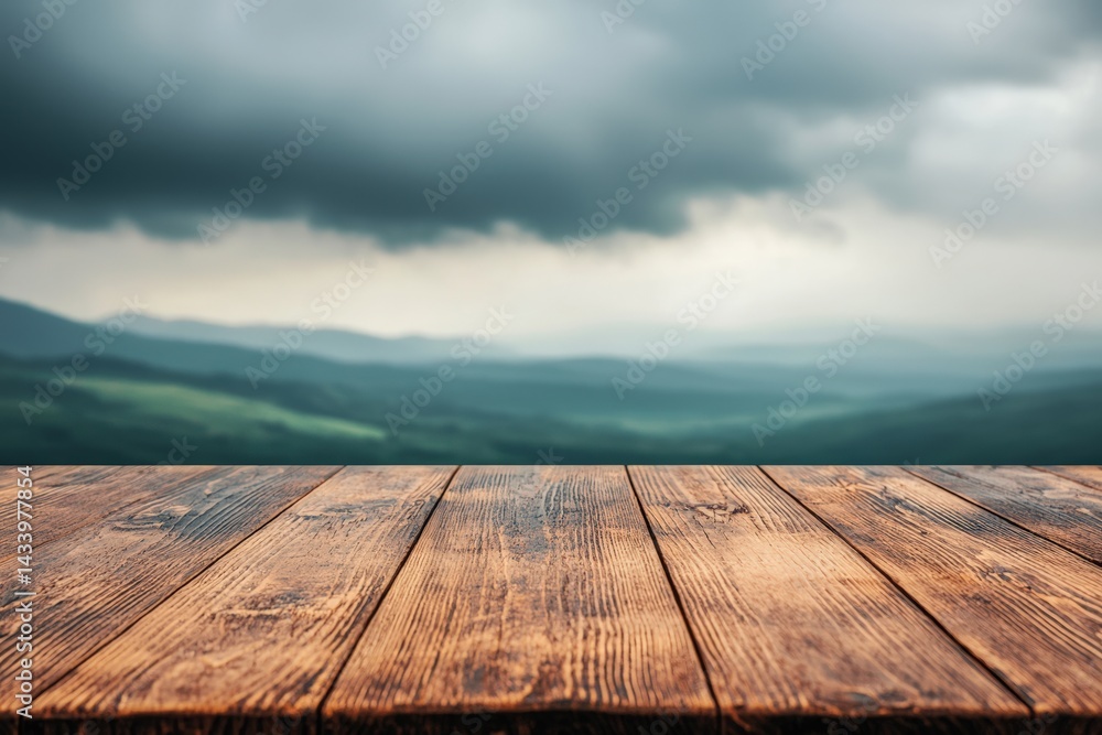 Poster empty wooden table with dramatic thunderstorm over rolling green hills backdrop