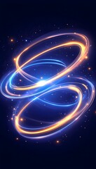 Fototapeta premium Intertwined luminous rings, blue and orange, glow with sparkling particles on a dark background