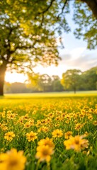 Fototapeta premium Sunlit field of yellow wildflowers at sunrise, trees in background
