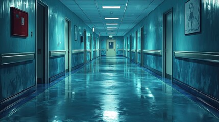 Fototapeta premium Empty Hospital Hallway with Eerie Lighting and Long Perspective