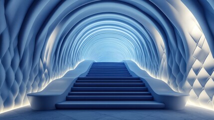Obraz premium Blue arched tunnel staircase, glowing interior, future concept, architecture design