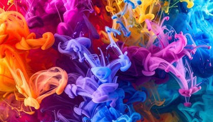Obraz premium A hypnotic pattern of swirling colored inks merging in water, creating a surreal dance of vibrant hues.