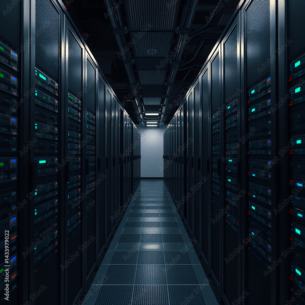 Poster rack server computer hardware systems in data center room with blue walls and metal cabinets. networ