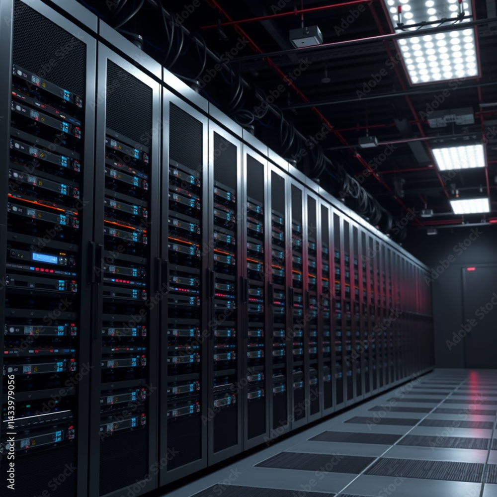 Poster rack server computer hardware systems in data center room with blue walls and metal cabinets. networ