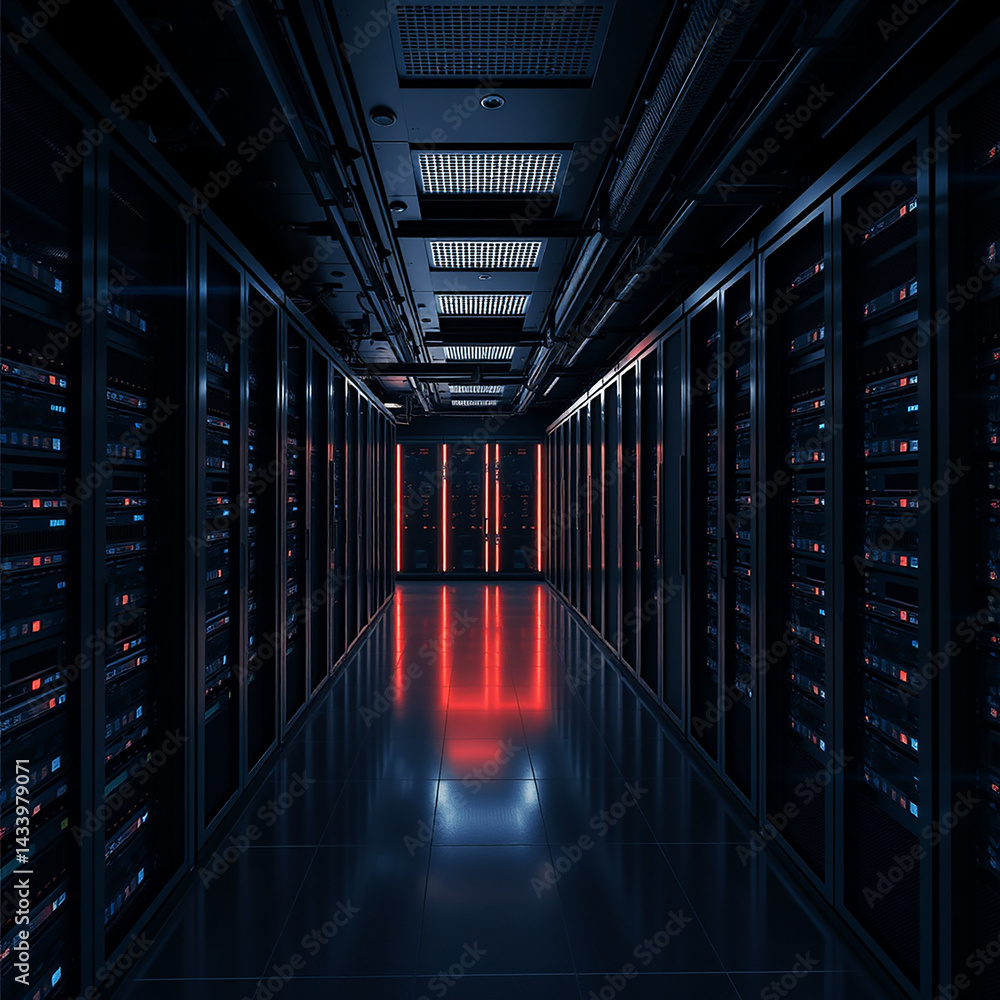 Poster rack server computer hardware systems in data center room with blue walls and metal cabinets. networ