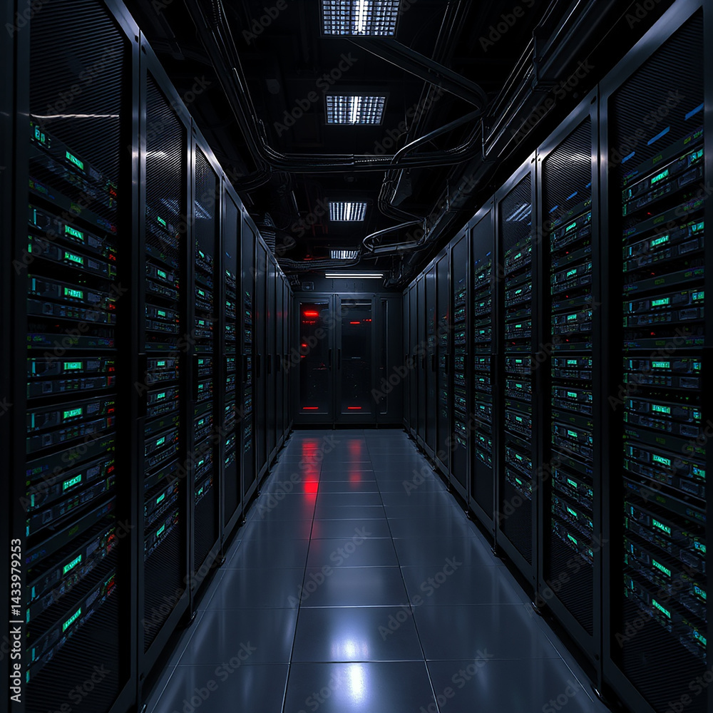 Aufkleber rack server computer hardware systems in data center room with blue walls and metal cabinets. networ
