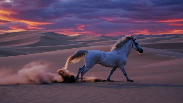 Majestic white horse galloping through vibrant desert dunes at sunset