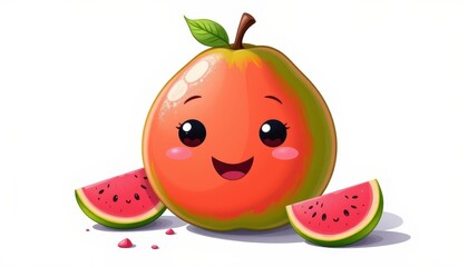 Obraz premium Happy cartoon guava with kawaii eyes, white background