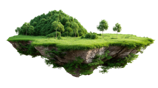 Floating Island: A surreal landscape showcases a vibrant floating island. A verdant expanse of land and a tranquil place of nature with untouched beauty