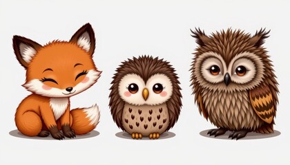 Fototapeta premium Kawaii woodland animals: fox, hedgehog, and owl, white background
