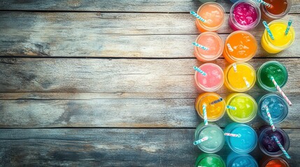 Colorful fruit juice drinks in glasses on wooden table.