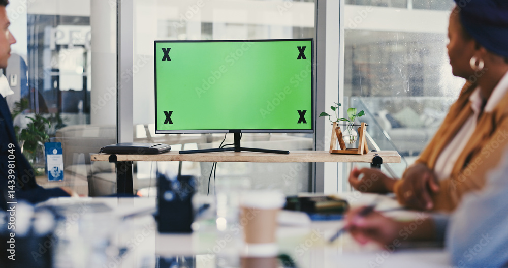 Poster green screen, computer or video call with business people in office for workplace development. mocku