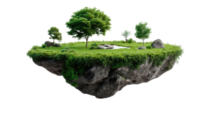 Floating Island Sanctuary: A captivating image presents a serene, verdant floating island, adorned with vibrant green grass, flourishing trees, and scattered rocks.