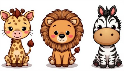 Fototapeta premium Safari animals in kawaii style: lion, giraffe, and zebra, white background