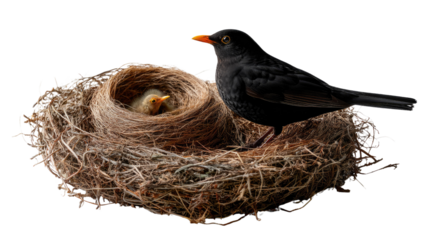 Mother's Warmth: A serene snapshot of a mother bird carefully watching over her hatchling in a meticulously crafted nest, conveying the essence of care, comfort, and the beauty of life's beginnings.