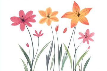 Obraz premium Vibrant floral arrangement of various blossoms. Delicate, stylized flowers in soft pastel hues, with detailed petals and stems, set against a white background. A collection of blossoming plants