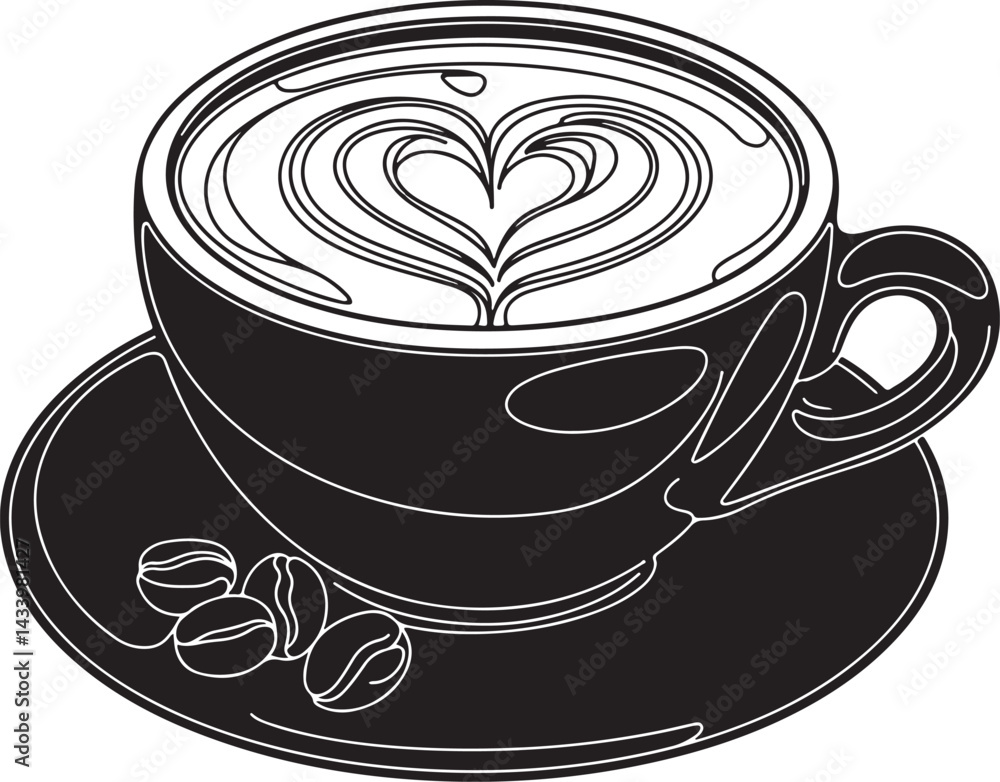 Poster coffee art scene from above with cappuccino latte art and beans on saucer in minimal black and white