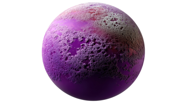 Purple Planet: A digitally rendered image of a vibrant purple planet, its surface textured with swirling clouds and mysterious markings, against a plain background.