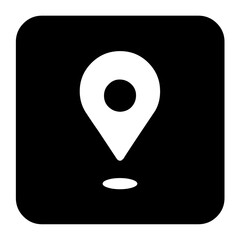 White map pin icon with shadow on black rounded square background.