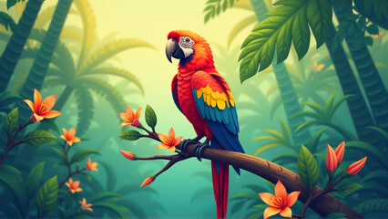 Obraz premium Colorful Parrot on a Tropical Branch: An Exotic Vector for Summer Vacations and Tropical Paradise Themes