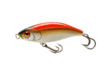 Close up of a fishing lure with red and silver coloring and two treble hooks on a black background