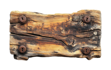 Weathered wooden plank with rusty nails rustic environment isolated on transparent background