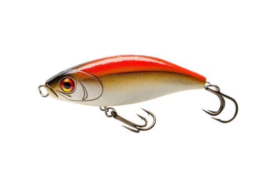Close up of a fishing lure with red and silver coloring and two treble hooks on a black background