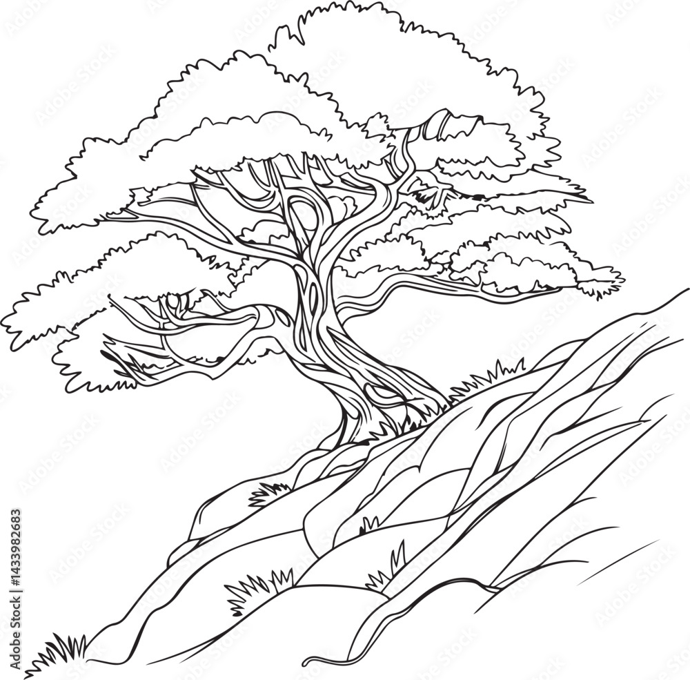 Poster rocky slope with twisted trunk tree drawn in black and white continuous line art style reflecting re