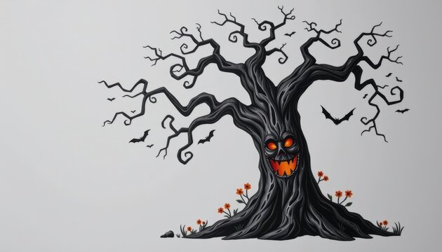 A haunted tree with a face carved into it, placed on a white background.