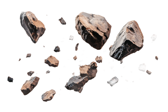 Floating rocks and debris against a black background evoking space and weightlessness visually appealing