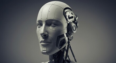 A grayscale portrait of a robot face exhibiting a futuristic design with intricate mechanical details and a smooth, neutral background