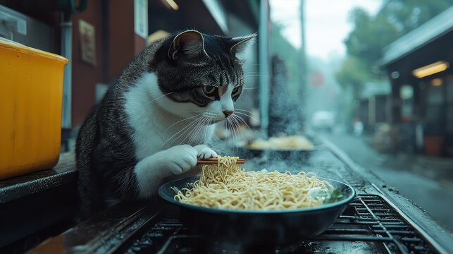 Cat eating noodles with street food stall. - Powered by Adobe